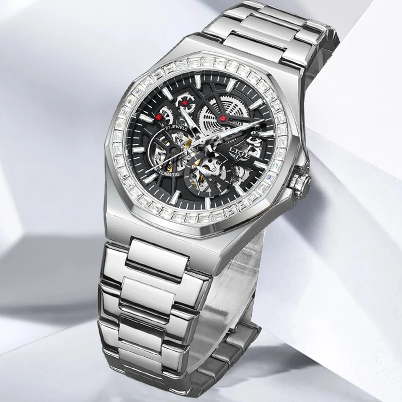 

LIGE New Creative Hollow Skeleton Tourbillon Automatic Watch For Men Fashion Luminous Waterproof Men's Mechanical Wristwatches