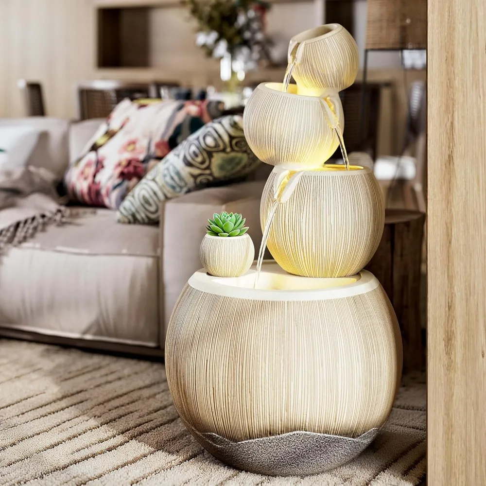 39H Outdoor Garden Water Fountain, 4-Tier Large Waterfall Resin Fountain with LED Lights, Mini Aquarium for Garden and Patio