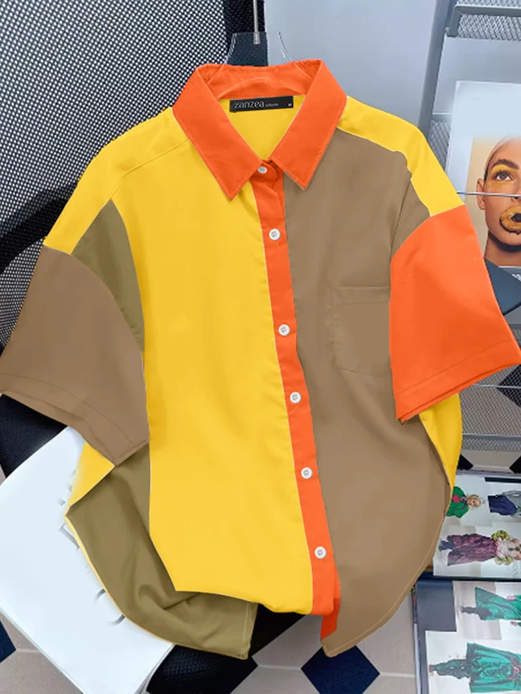 เสื้อเชิ้ตผู้หญิง ZANZEA รุ่นใหม่ล่าสุดประจำปี 2025 เสื้อเบลาส์แขนสั้นลายปะต่อสีตัดกัน คอปก ทรงหลวม ใส่ทำงานได้