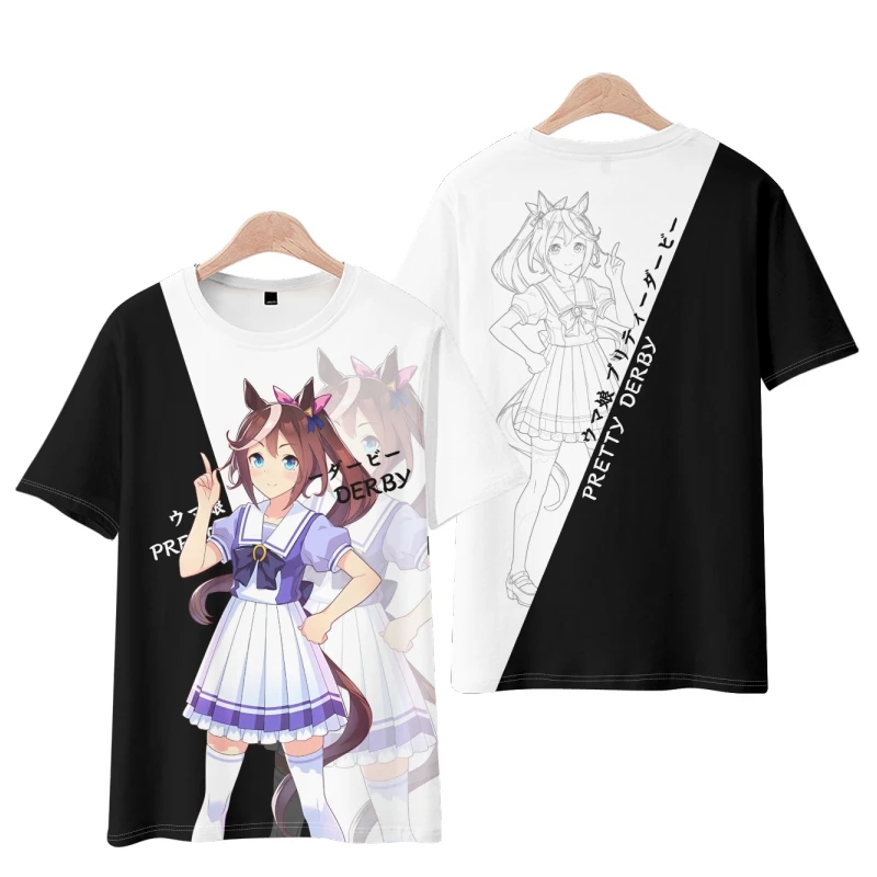 UmaMusume-تي شيرت مطبوع ثلاثي الأبعاد للرجال والنساء ، تي شيرت تأثيري ، بأكمام قصيرة ، تي شيرت مضحك ، تي شيرت جرافيك ، UmaMusume ، Kitasan ، أسود ، صيف