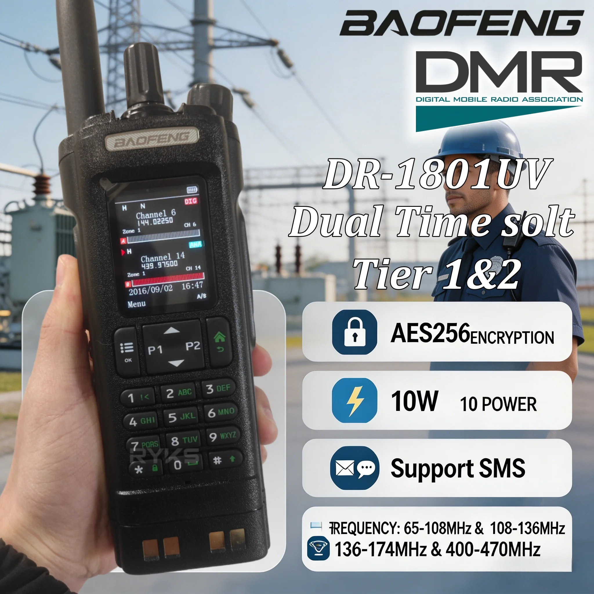 Black Dm - 32 Baofeng 8W Walkie - Talkie With 4000 Channels And Aes - 256 Encryption ----Dmr Digital Radio For Business Industry