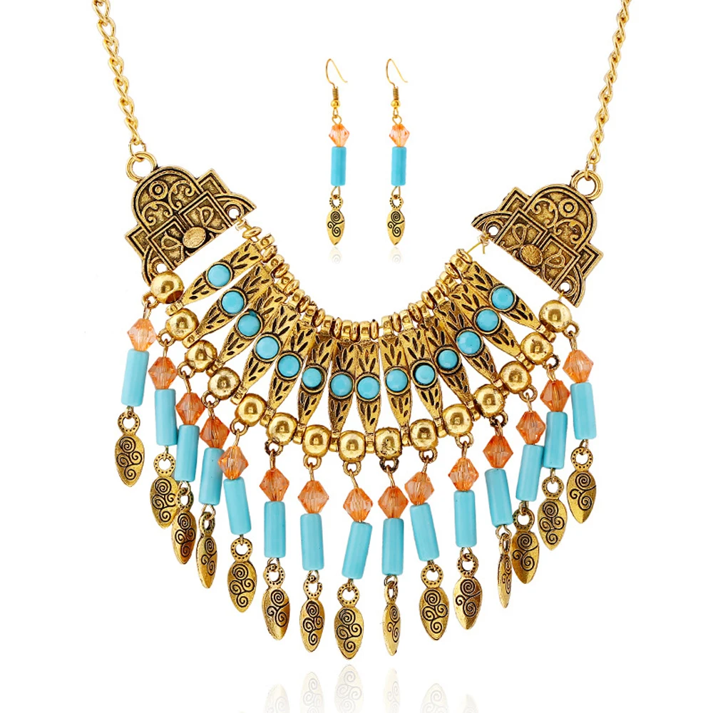 Boho Gypsy Vintage Choker Necklace Earrings for Women Blue Acrylic Bead Crystal Carved Ethnic Dress Collar Indian Jewelry Sets