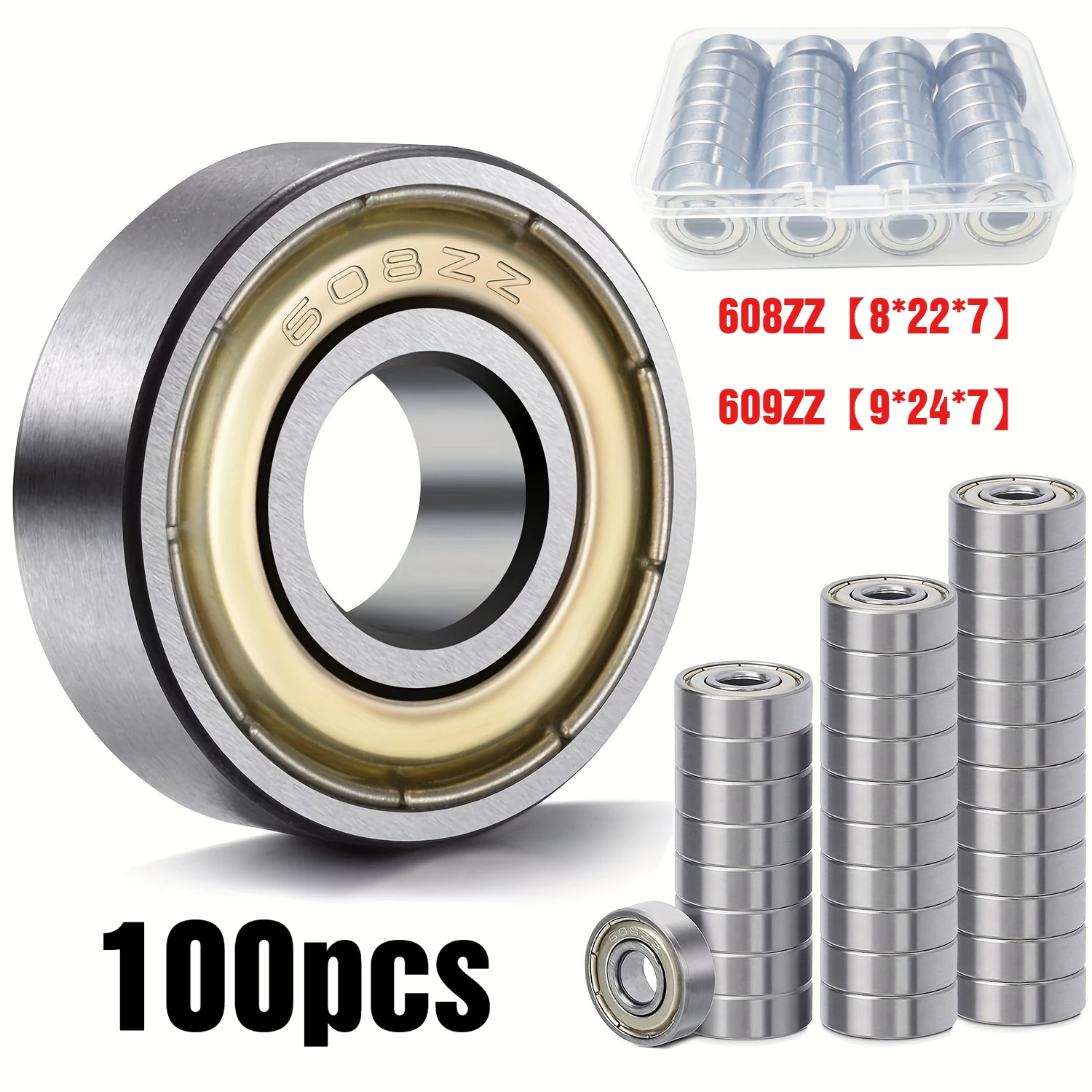 100 PCS 608-ZZ Ball Bearing-Double Metal Sealed Shielded Miniature Deep Groove Bearings for Furniture Wheel Skateboard 8x22x7mm