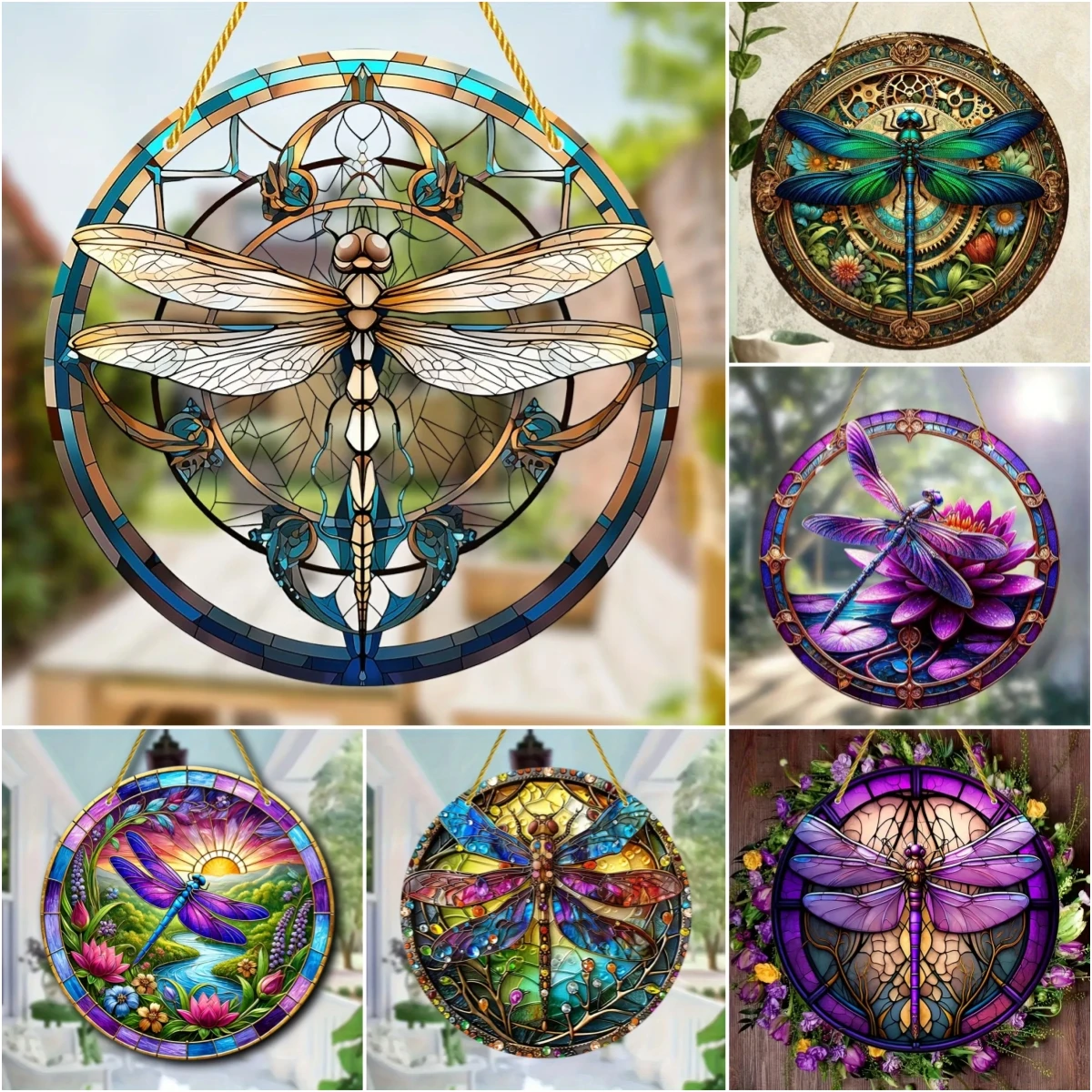 Dragonfly Suncatcher -2D Round Acrylic Wall Art,Translucent Stained Style Window Hanging,Perfect for Bedroom & Living Room Decor