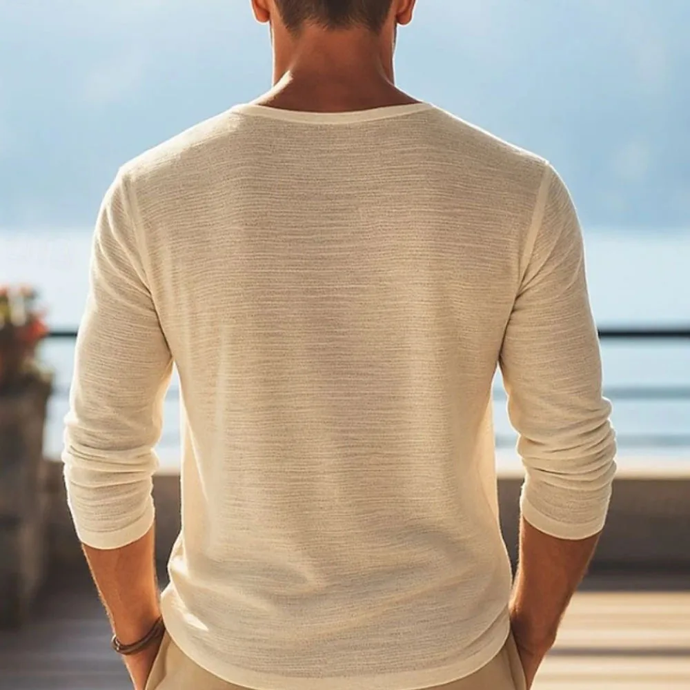 2026 Summer New Men's Solid Color Thin Breathable V-neck Sports Travel Shopping Leisure Long sleeved T-shirt