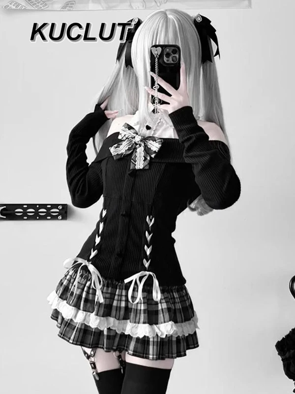 

Subculture Mass-Produced Dark Style Women's Casual Suit Autumn New Bow Off-Shoulder Top Plaid Puffy Short Skirt Two-Piece Set