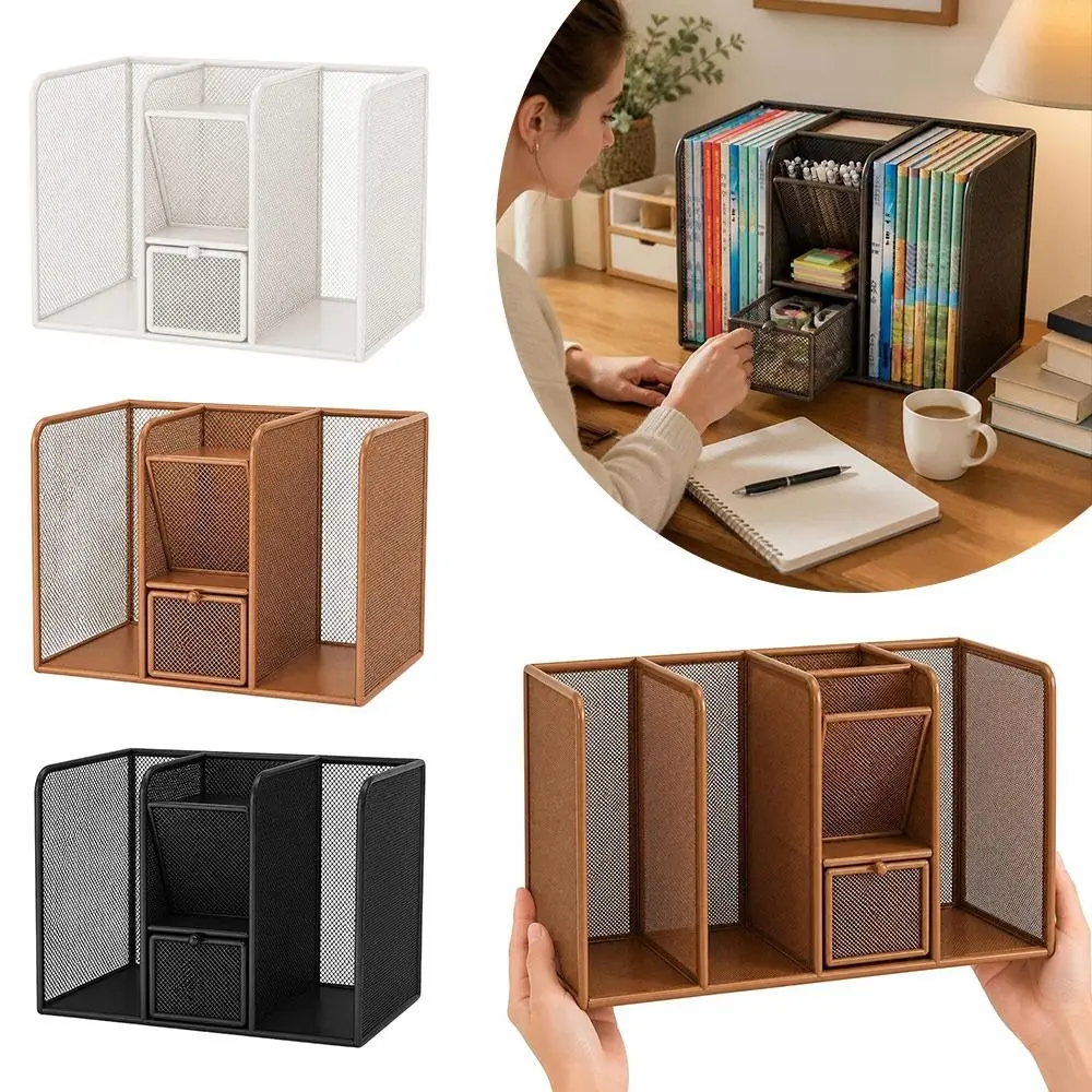 metal-desk-book-rack-multi-compartment-mesh-structure-book-storage-rack-with-pen-holder-and-pull-out-drawers-pull-out-drawers