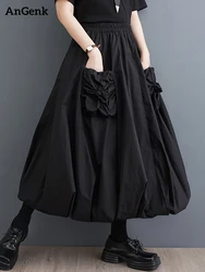 Black Vintage High Waist Pleated Skirt Women Fashion Pocket Loose Casual Bilayer Long Skirts Clothes New Spring Summer 2025