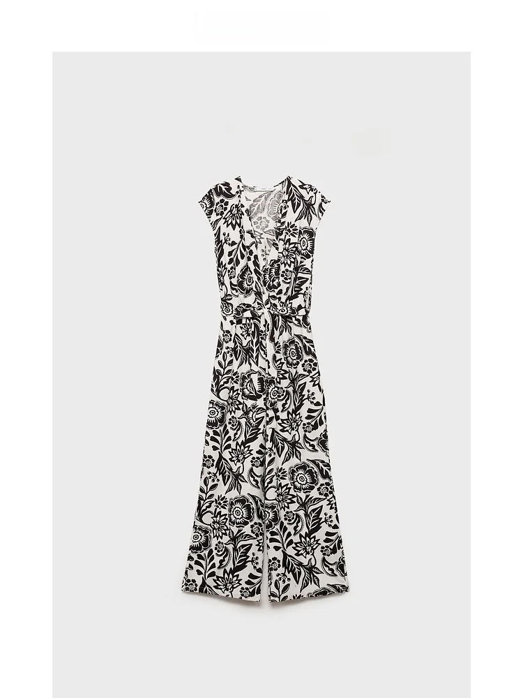 Traje de una Pieza para Mujer Mango, Primavera, Nuevo, Lino, Estampado Mixto, Cuello en V, Cintura Alta, Pantalones Largos, Cintura Alta, Cinturón, Pierna Recta