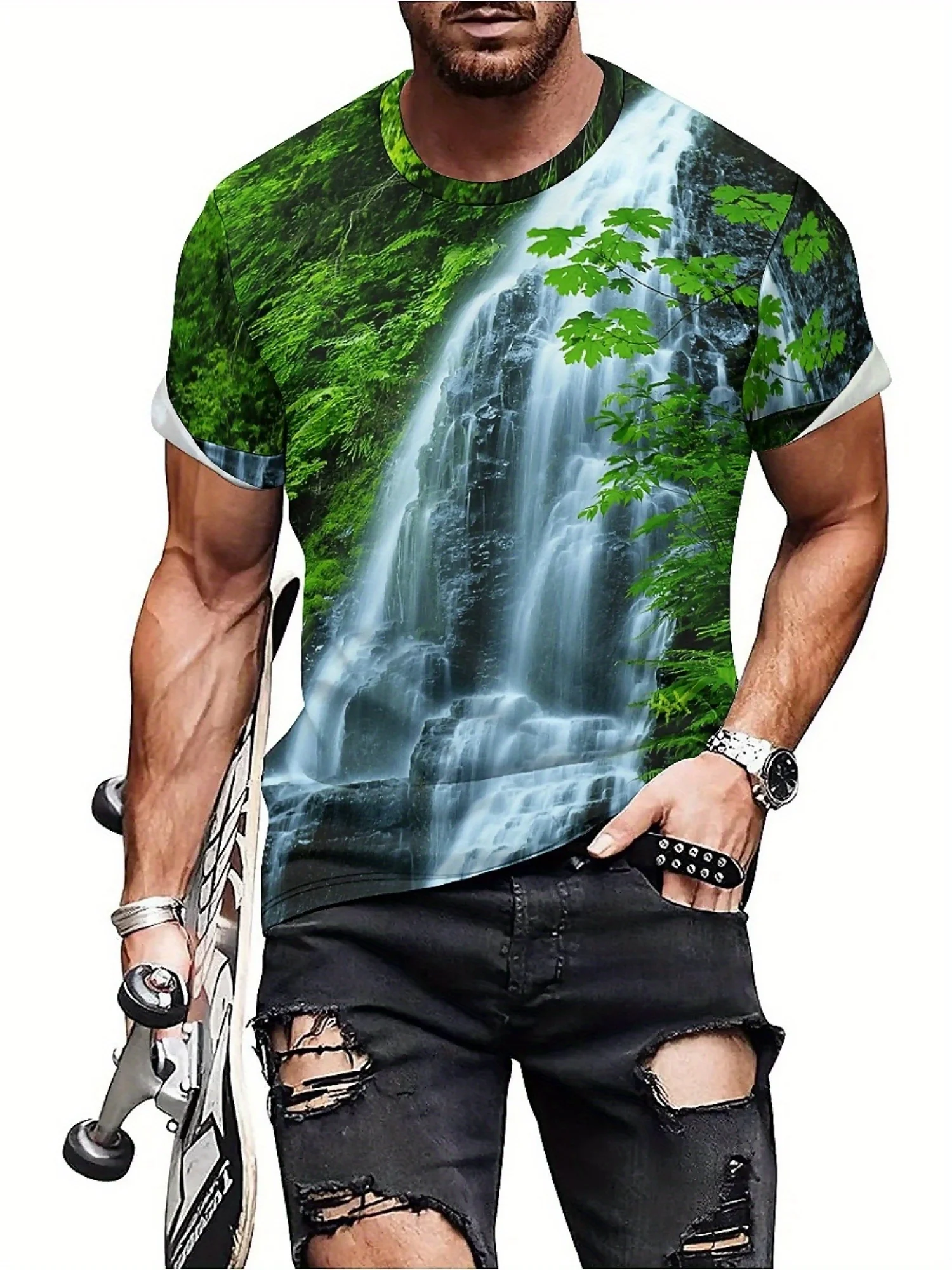 Men's 3D Printed Waterfall & Greenery Graphic T-Shirt - Breathable Short Sleeve Tee for Outdoor Activities