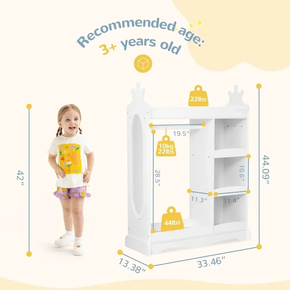 Kids Dress-up Storage with Mirror, Childrens' Wardrobe with 3 Hooks, Kids Closet for Girls Boys, Kids Armoire Costume Organizer