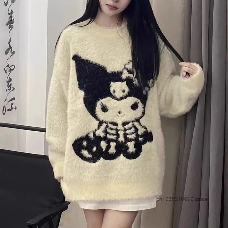 Sanrio Kuromi Soft Plush Cute Sweater Female Autumn Winter Trendy Sweet Y2k Girl Pullovers Korean Version Versatile Knitted Top