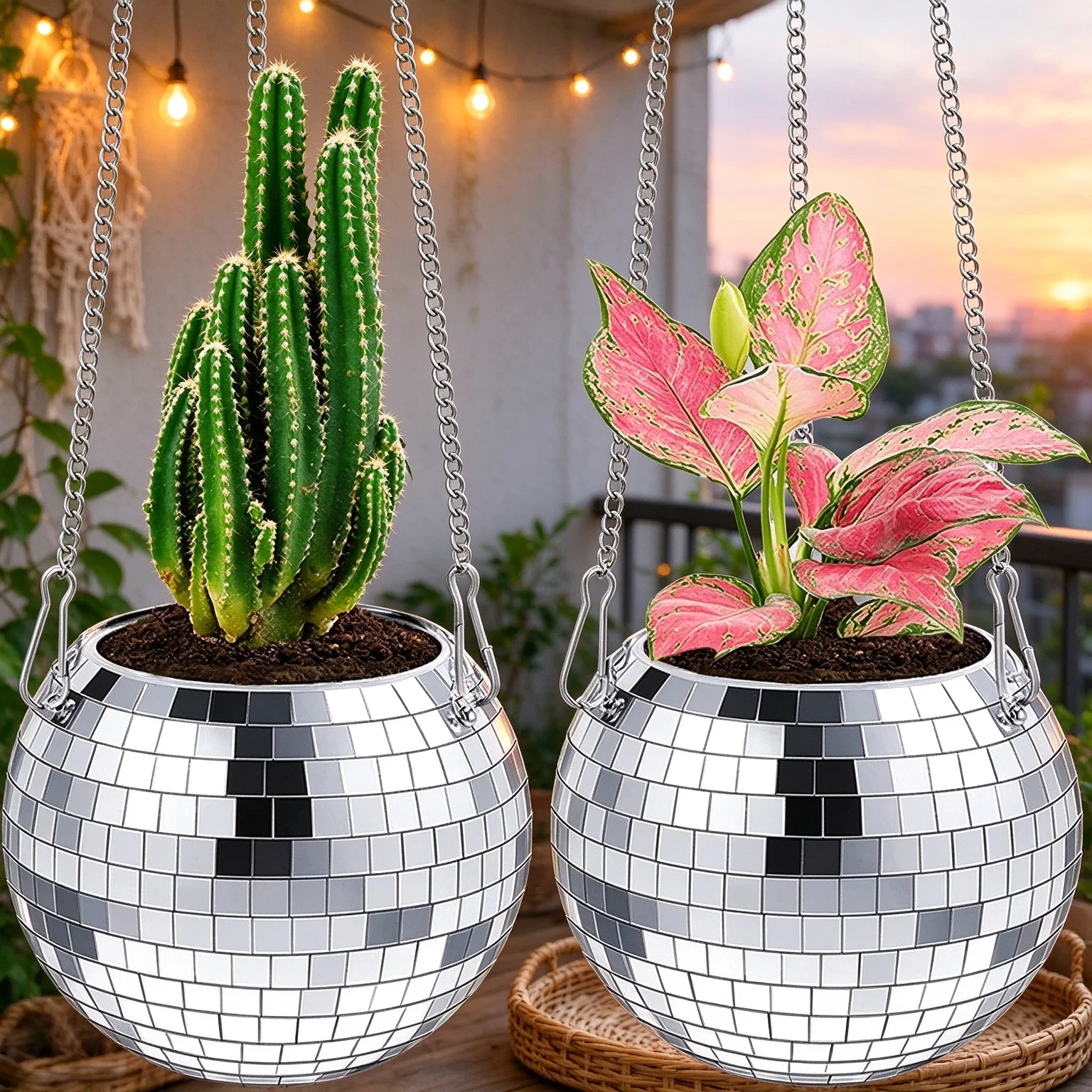 Disco Mirror Ball Hanging Flower Planter Basket, Succulent Plant Pot, Indoor Home Garden Wall Decor Cute Vase with Chain