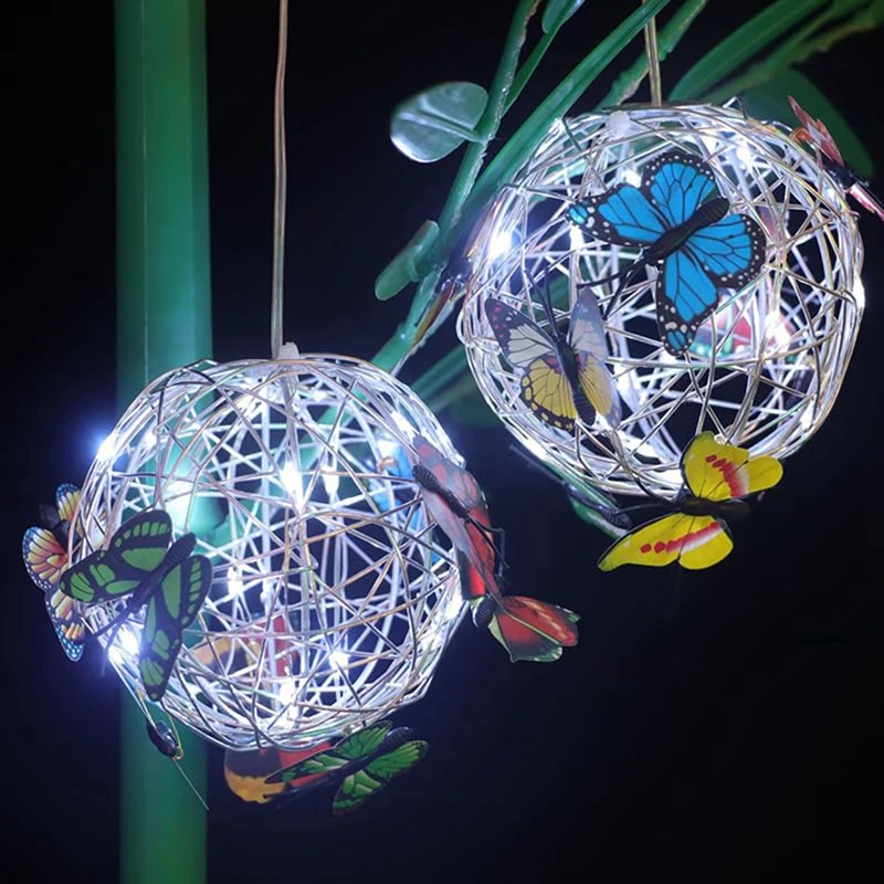 SEWS-Garden Hanging Round Ball Light With Butterfly With Weaving Lamp Solar Decorative Nightlight Outdoor Decorative Metal