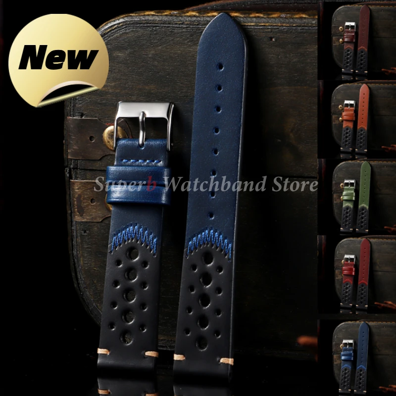 Новый дышащий кожаный ремешок для часов 20 мм, винтажный браслет из масляного воска для Seiko, ремешки для часов из воловьей кожи, аксессуары для браслетов