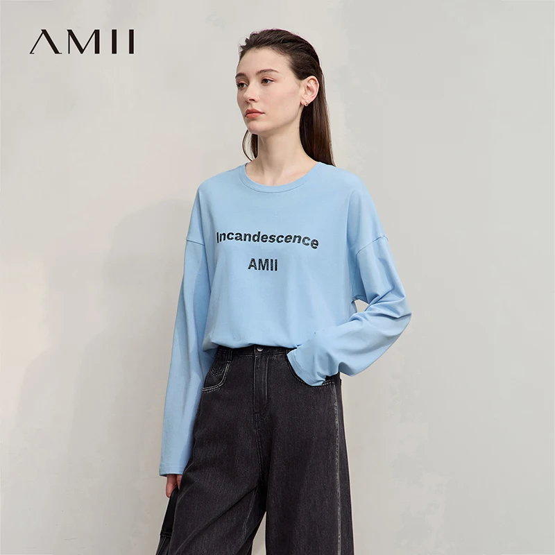 AMII المرأة تي شيرت 2025 الخريف جديد عادية متعددة الاستخدامات المتوسطة والطويلة المرأة القطن إلكتروني الطباعة فضفاضة طويلة الأكمام12543216