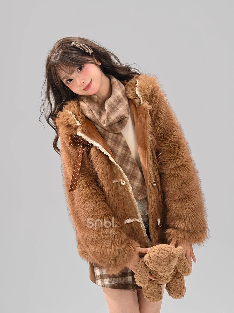 أزياء حلوة لطيف فتاة الدب هوديي معاطف واحدة الصدر فضفاضة تنوعا Kawaii سميكة أفخم سترات قصيرة للنساء الشتاء #3