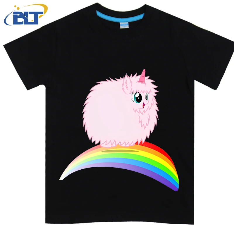 T-shirt de manga curta para menino e menina, top casual, algodão, arco-íris, um cavalo impresso, adequado para meninos e meninas