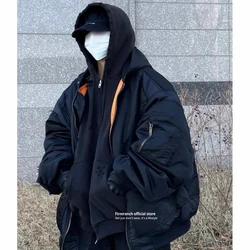 Firmranch New Oversized Winter Black Korean Fashion Padded Bomber Jacket For Men Women Zip Up Hooded Thick Coat Street Outfits
