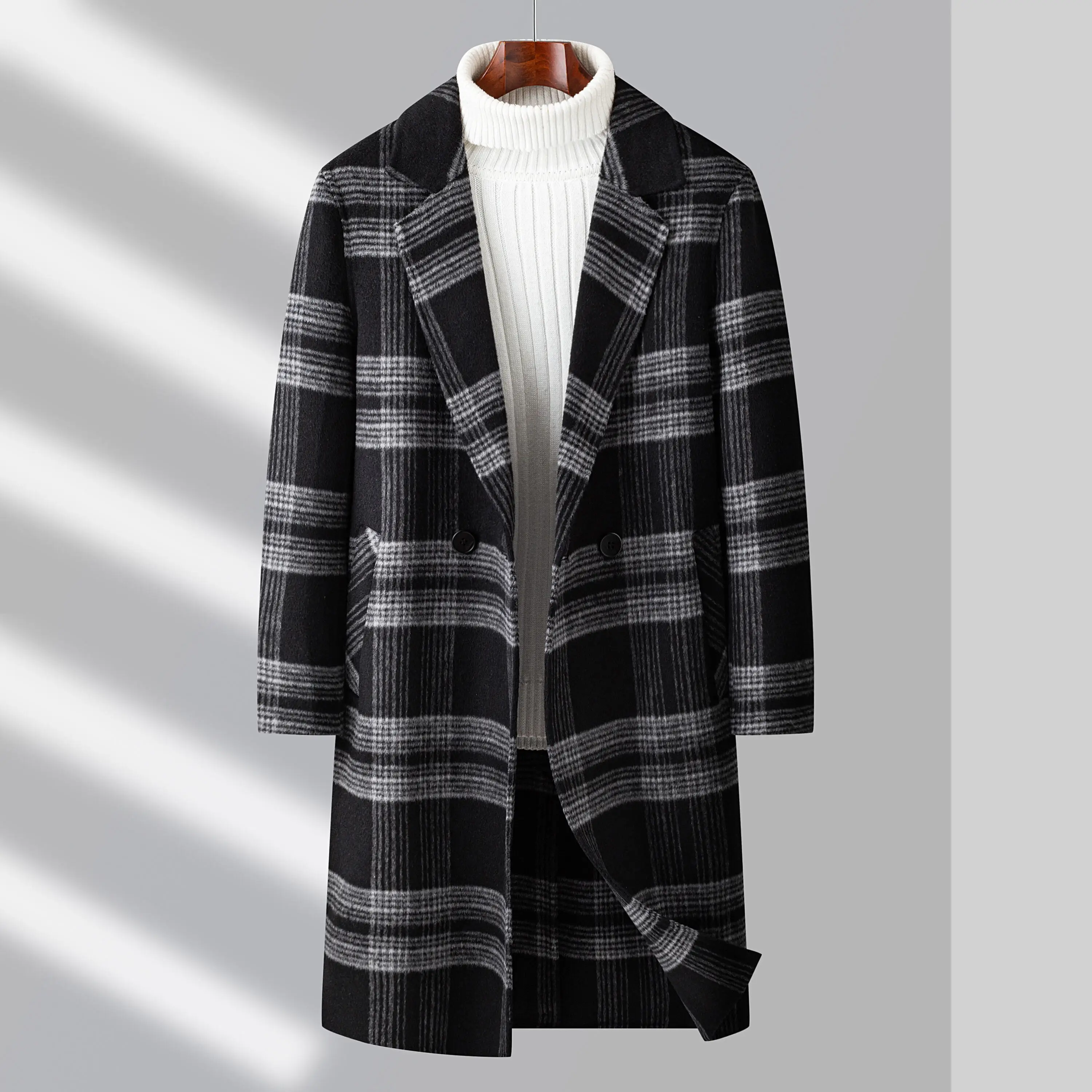 

High Quality Men's Black Plaid Woolen Coats 2025 Autumn Business Casual Warm Checkered Wool Overcoat Outwear Windbreaker Jackets