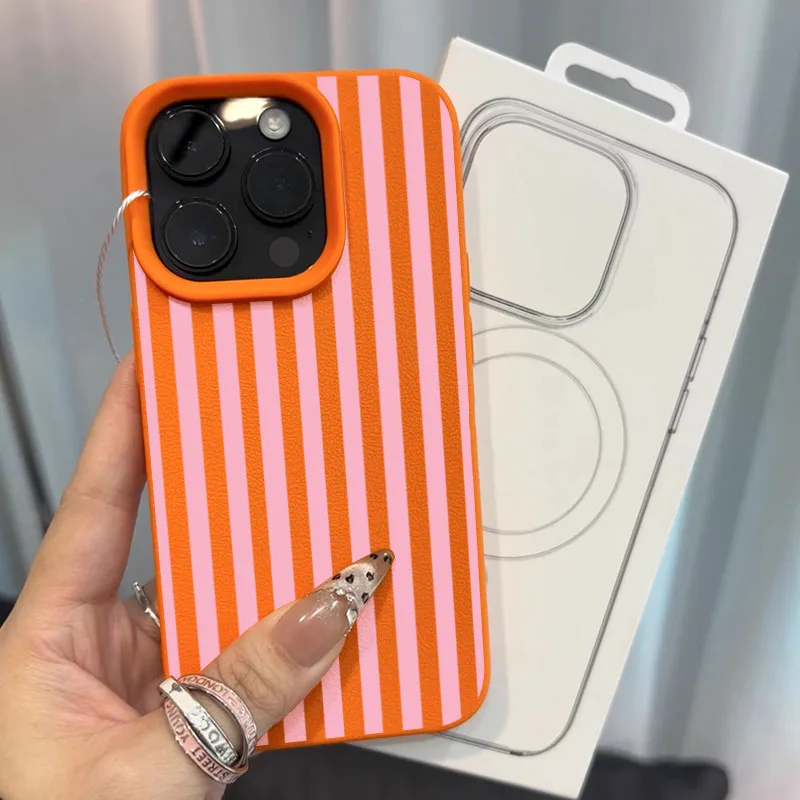 Colorful Striped Minimalist INS Couple Lichee Phone Case For iPhone 17 16 15 14 13 12 11 Pro Max XS X XR 16 Plus 16E 17Air Cover