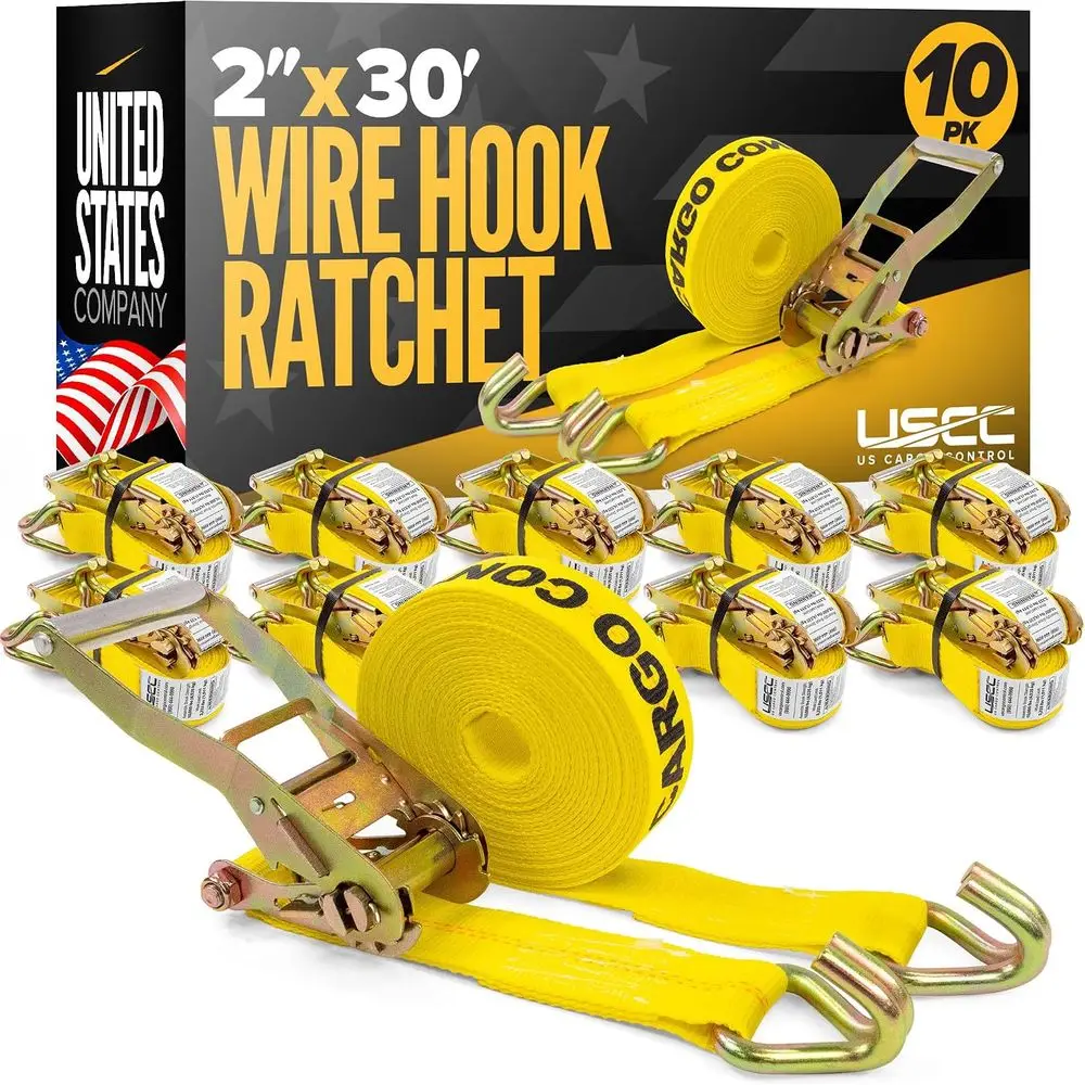 2-Inch x 30ft Ratchet Straps, 10-Pack, 10,000 lbs Capacity, J-Hook Included for Heavy-Duty Securement
