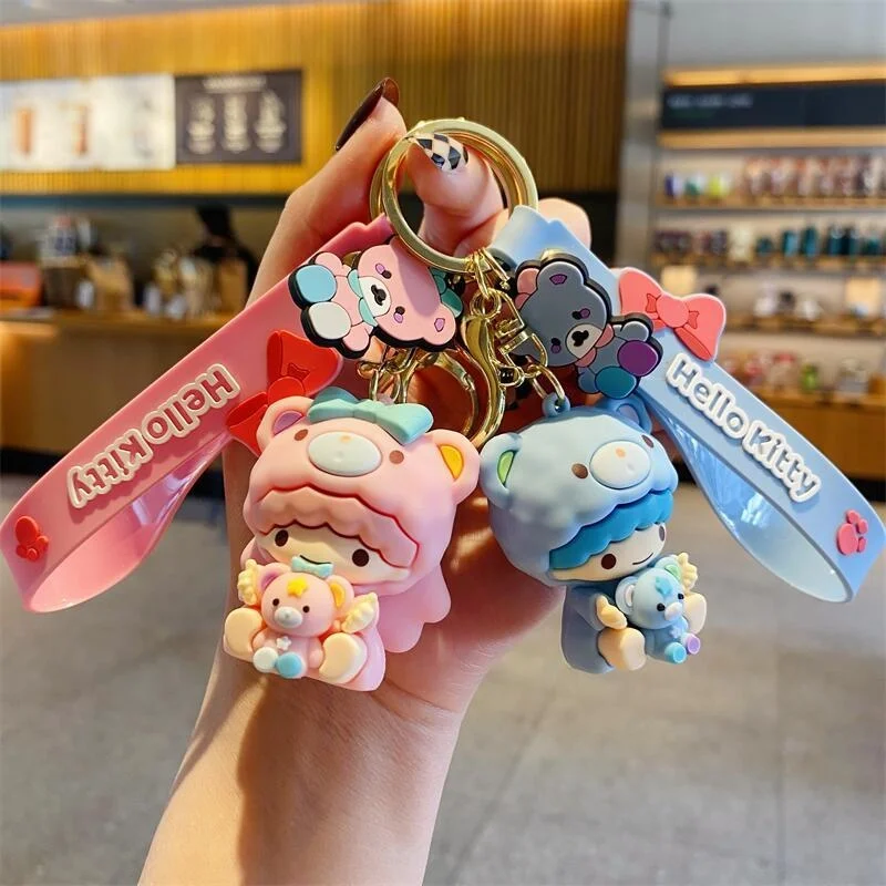 سلسلة مفاتيح سانريو ليتل توين ستارز باللونين الأزرق والوردي من مادة السيليكون لمنع فقدان مفاتيح السيارة لتزيين حقيبة ظهر الطالب #1