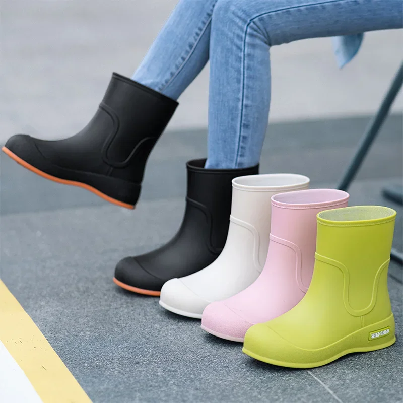 Korean Style Women's Rain Shoes Fashionable Outerwear Lightweight Non-Slip Rubber Shoes Adult Mid-Calf Rain Boots Kitchen Work S