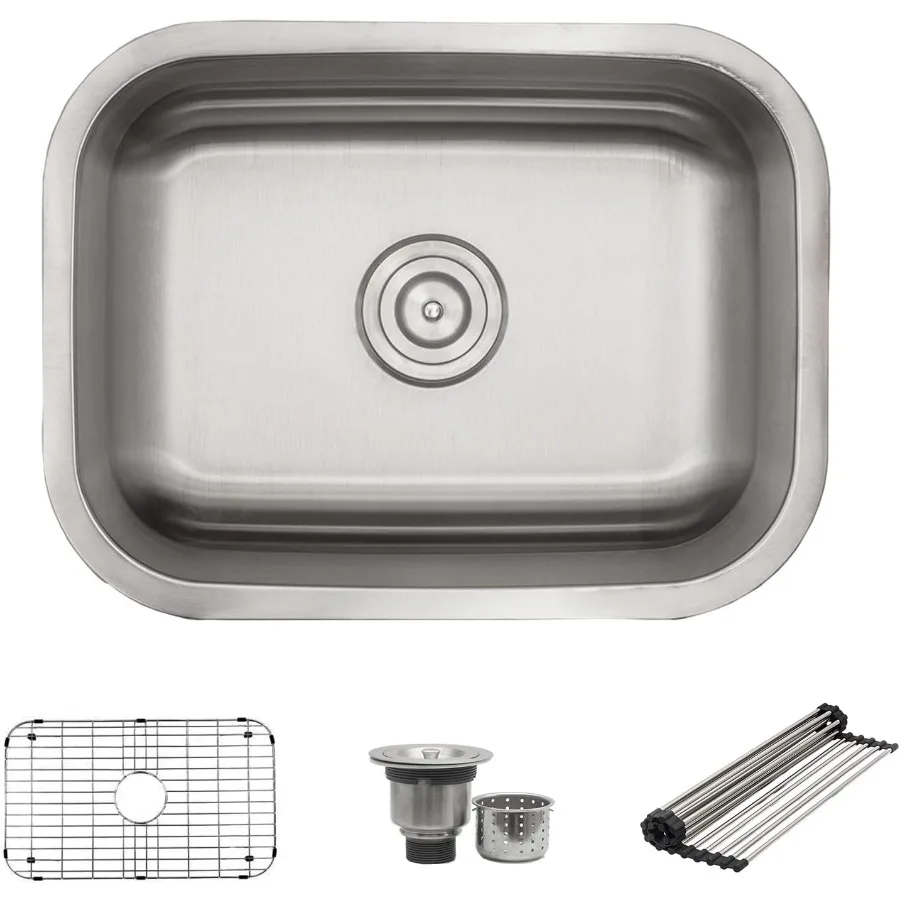 حوض مطبخ ذو وعاء واحد مقاس 23 بوصة مع استنزاف دائري لتجديد المطبخ الحديث - متين مقاس 18 من الفولاذ المقاوم للصدأ C