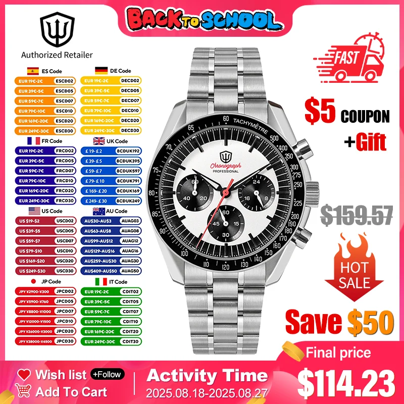 Watchdives WD1863 Orologio cronografo VK63 Movimento al quarzo Bubble Sapphire Crystal 10Bar Impermeabile luminoso 39mm Orologi vintage