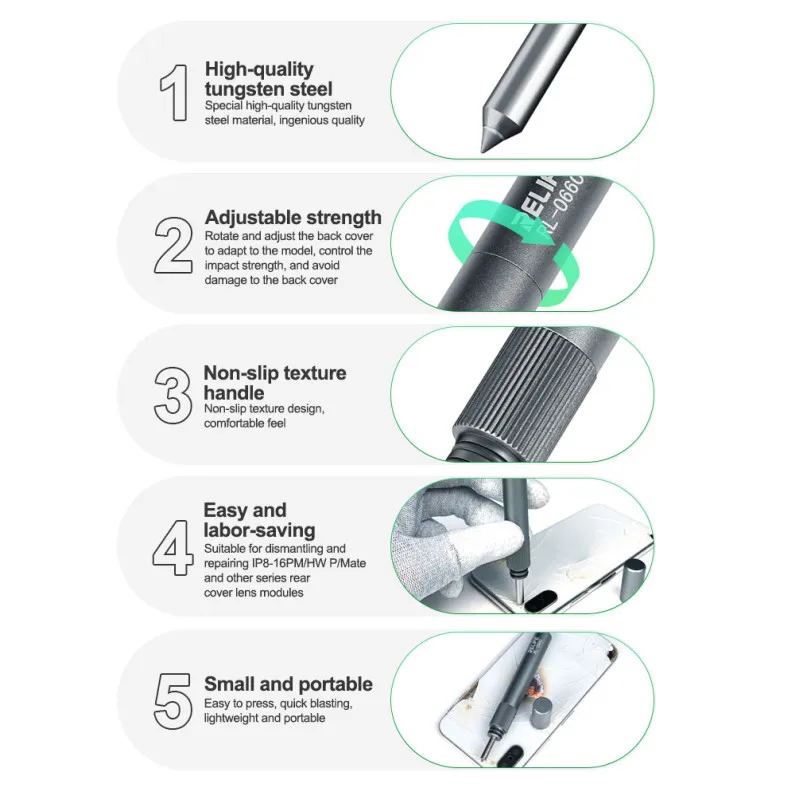 RELIFE RL-066C Glass Back Cover Breaking Pen Suit for IP8-16PM/HW P/Mate Non-slip Tungsten Steel Camera Lens Blasting Tool