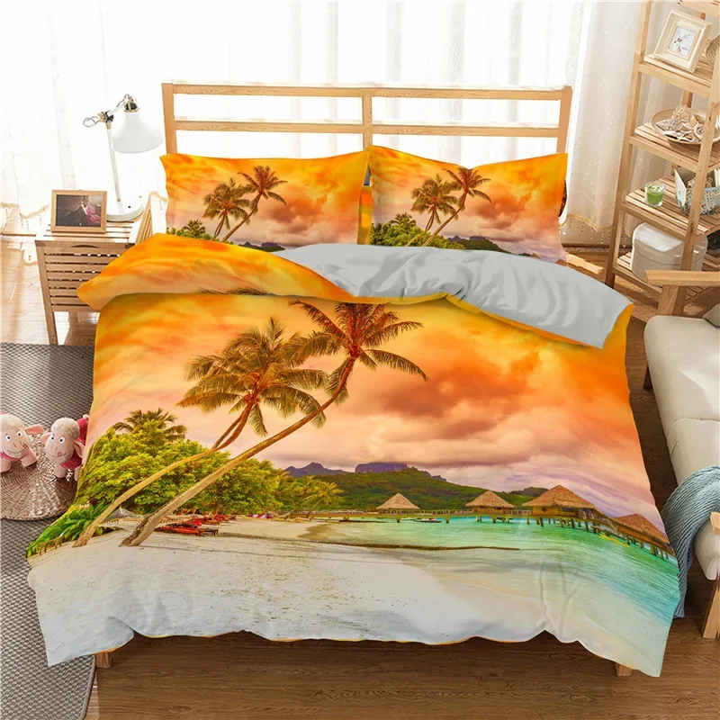 Tropical Landscape 3D Bedding Set Microfiber Tropic Sandy Beach With Horizon At The Sunset And Coconut Palm Trees Duvet Cover