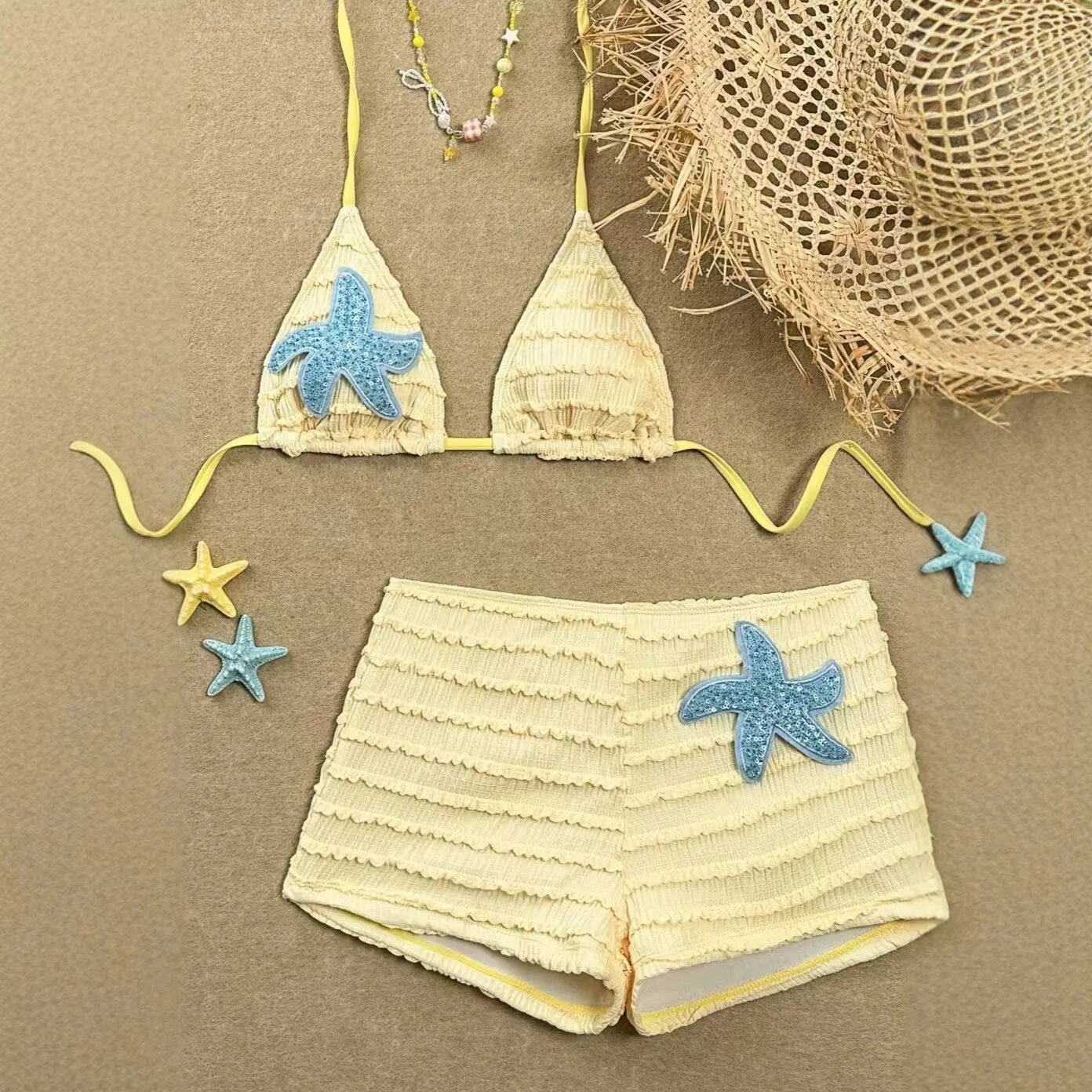 Knit Bikini Set Starfish Sequin Decor Split Swimsuit Women Push-Up Triangle Bikini Boy Short Beach Bathing Suit
