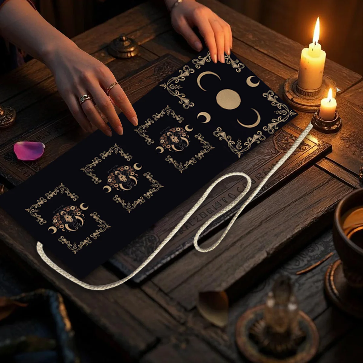 Witch Triple Moon Tarot Storage Bag Tarot Card Altar Cloth For Divination Durable Fabric Floral Witchcraft Astrology Wrap Pouch