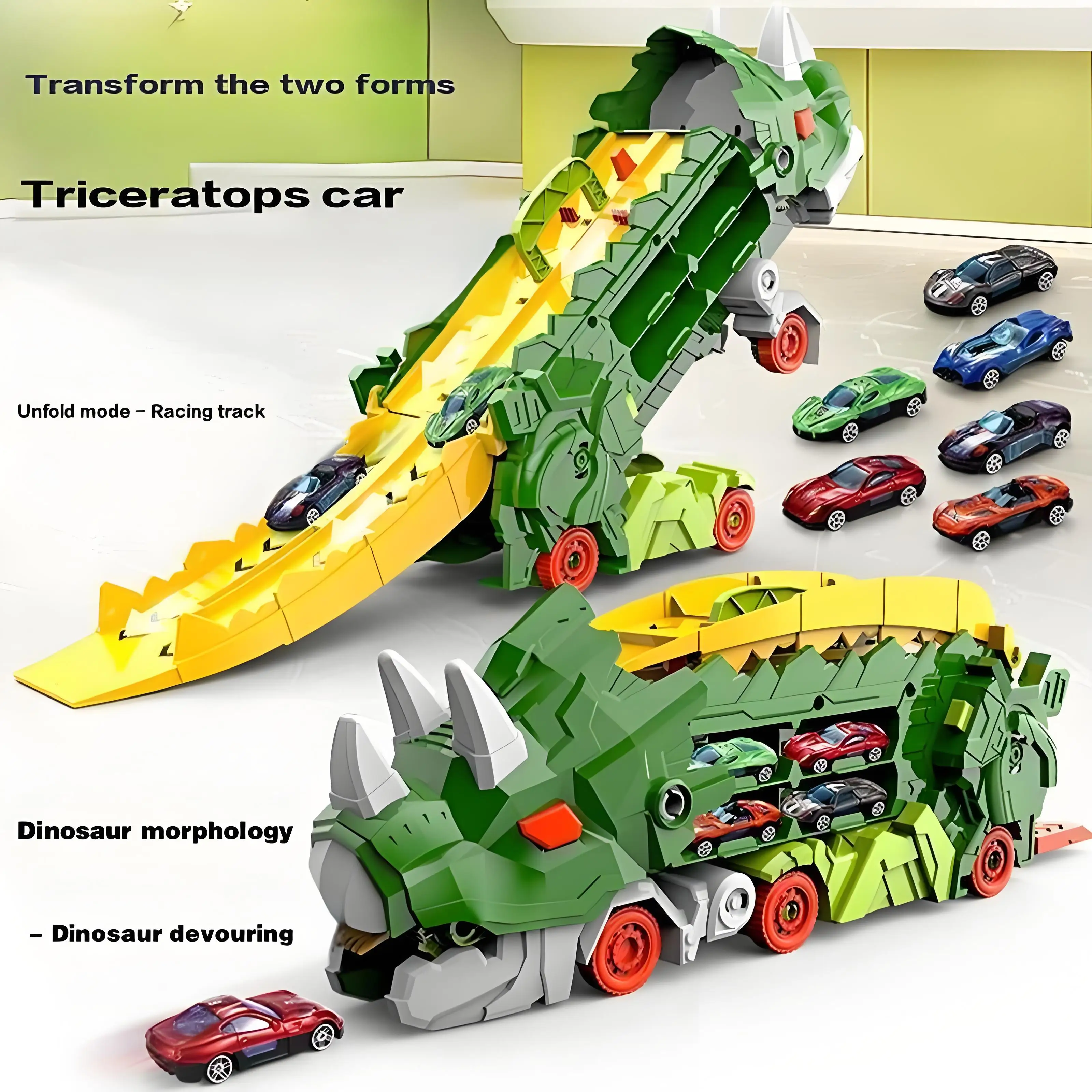 Dinosauro per bambini che lancia auto giocattolo triceratopo pista scorrevole deformazione in lega Tyrannosaurus Rex gioca modello di veicolo