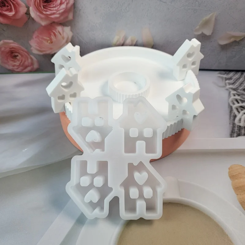 Love House Ornaments Plug-in Silicone Mold 4 Even Chimney Small House Molds Gypsum Cake Mould Love House Table Decor