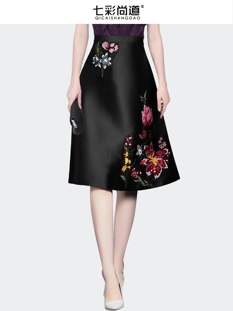 Vintage Black Embroidered Skirt Women Autumn New High Waist A-line Mid-length Soft Satin Skirts