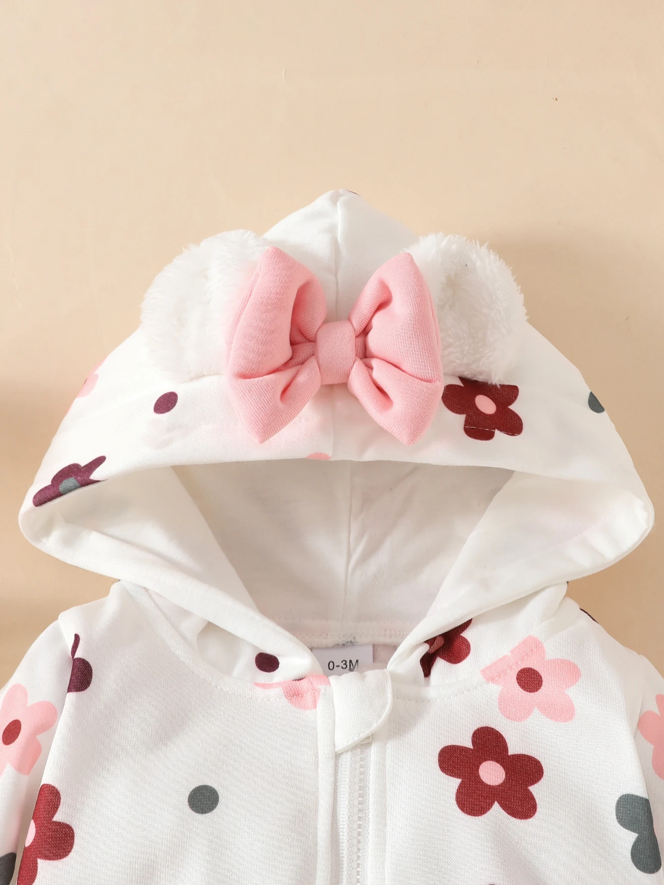 Newborn Baby Girl Autumn and Winter Sweet Casual Cute Comfortable Soft Stereo Plush Bow Hooded Toddler One-Piece Long Crawl Suit