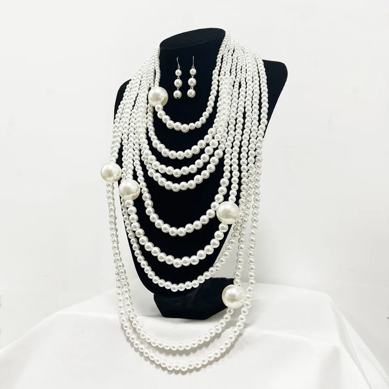 Übertriebene mehrschichtige Imitation Perle Halsband Halskette Frauen Luxus Lange Quaste Anhänger Pullover Kette Braut Mi Schmuck – Detail 6