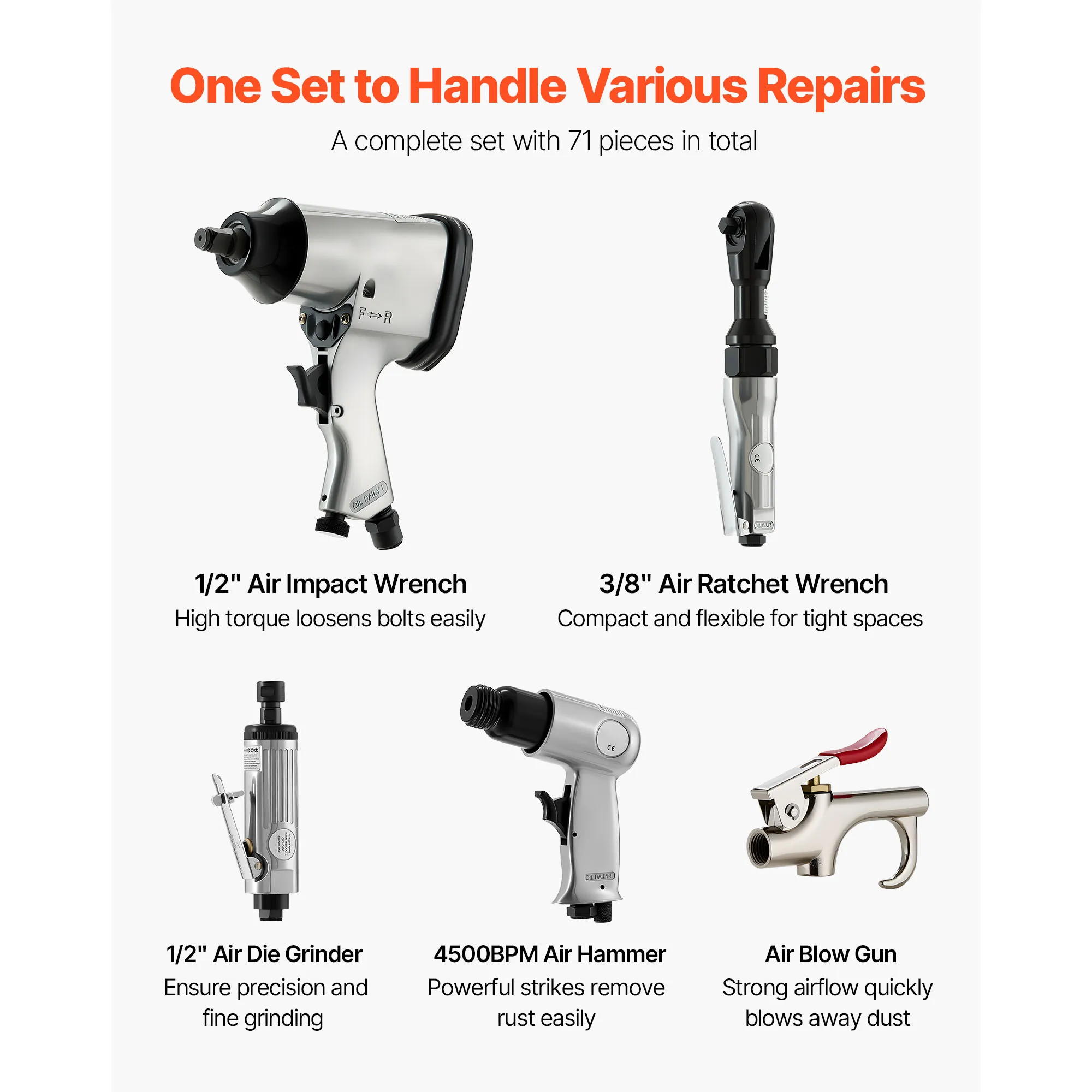 71 Pieces Pro Air Tool and Accessories Kit - 1/2