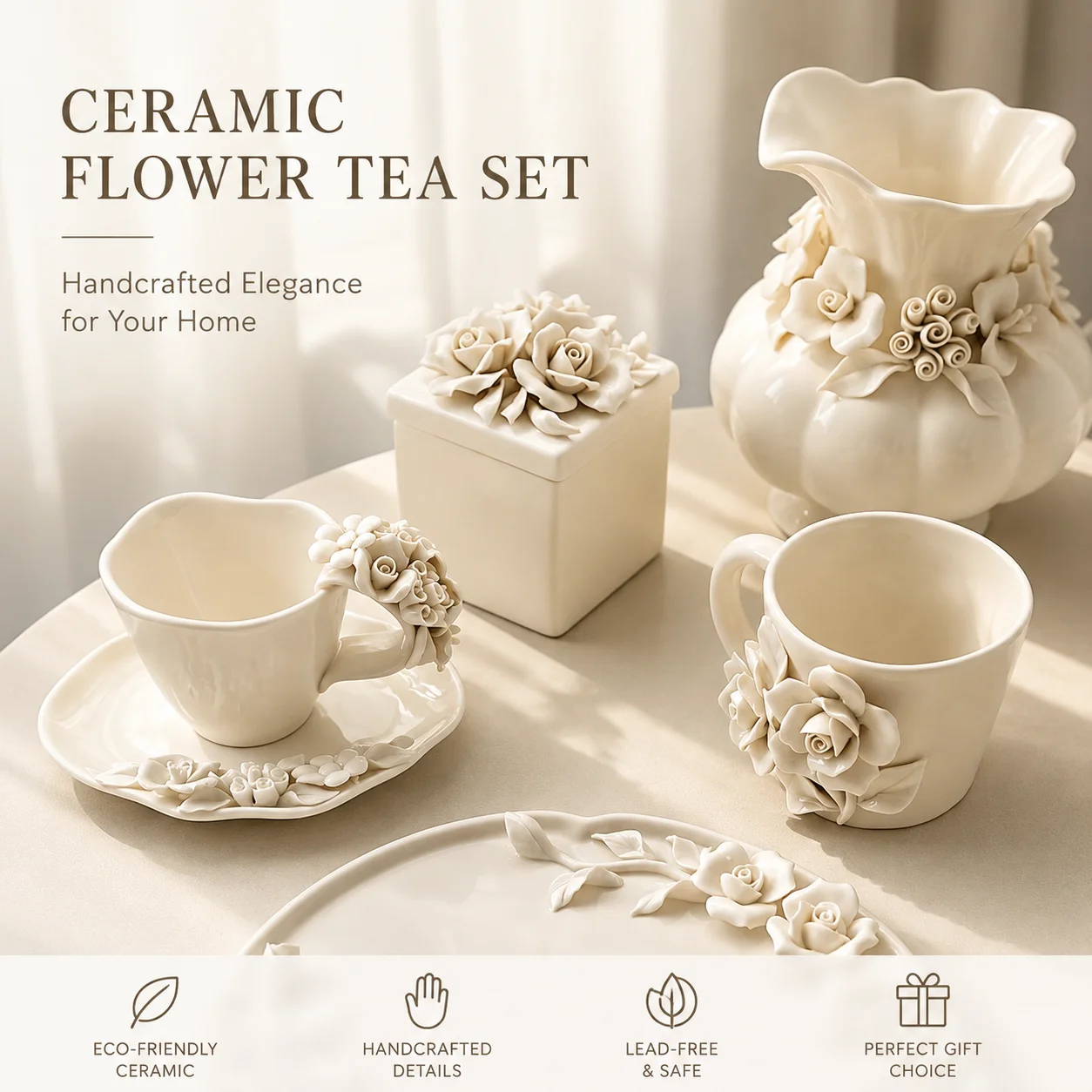Embossed Camellia Ceramic Vase – Decorative Tabletop Ornament for Home, Shelf, or Display Use