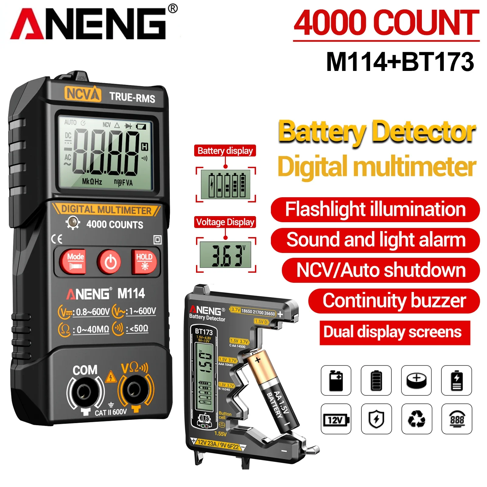 ANENG M114 Digital Multimeter 4000 Counts True RMS Auto Range AC/DC Voltage NCV  FREE Gift BT173 Digital Battery Tester  Kit