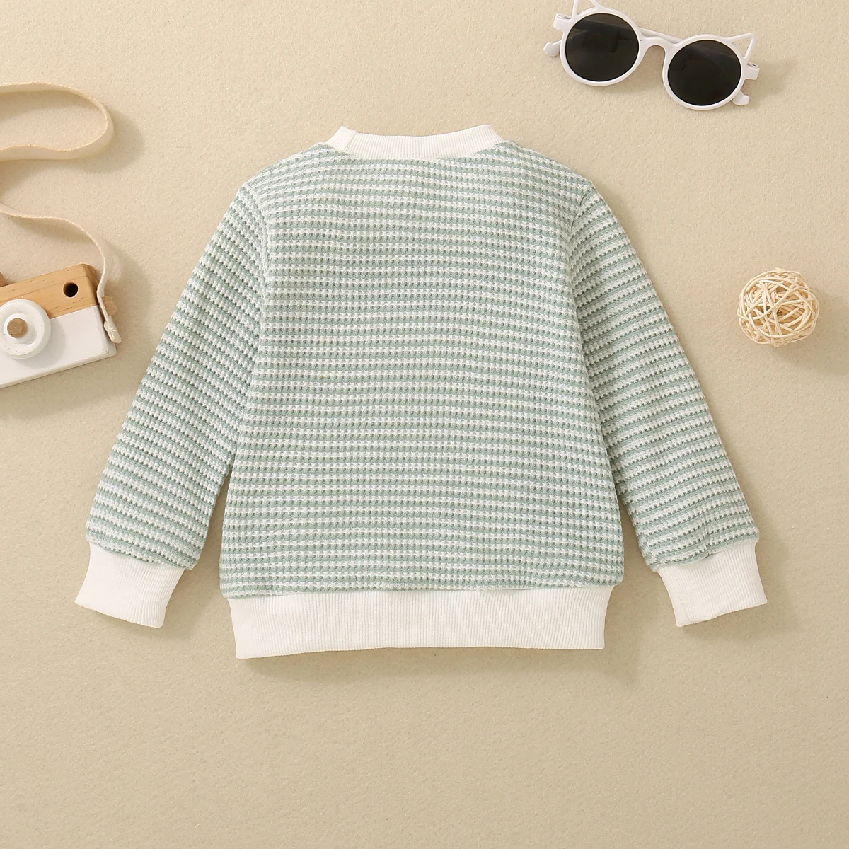 Fall Unisex Boys Girls Infants Light Green Casual Warm Comfortable Knit Striped Pocket Long Sleeve T-Shirt