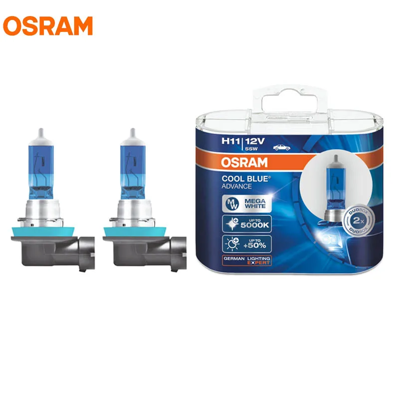 OSRAM H11 5000K Xenon White 50% Brighter Cool Blue Advance Halogen Bulbs 12V 55W  OEM Auto Headlight Fog Lamps 62211CBA 1 Pair
