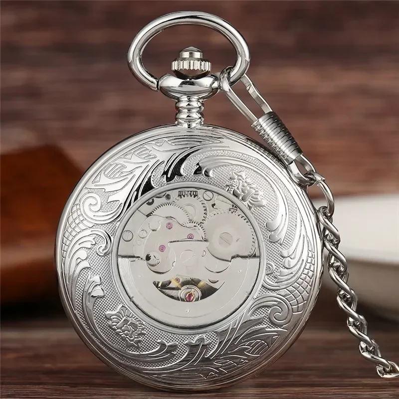 Retro Silver Unisex Pocket Watch Automatic Mechanical Watches for Men Women Roman Number Dial Pendant Clock Luminous Hands