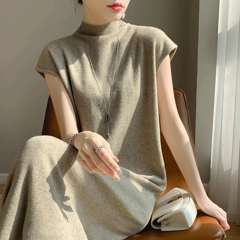 Outono inverno feminino longo sve malha dr f gola alta cor pura ort sve malhas camada base solta dr