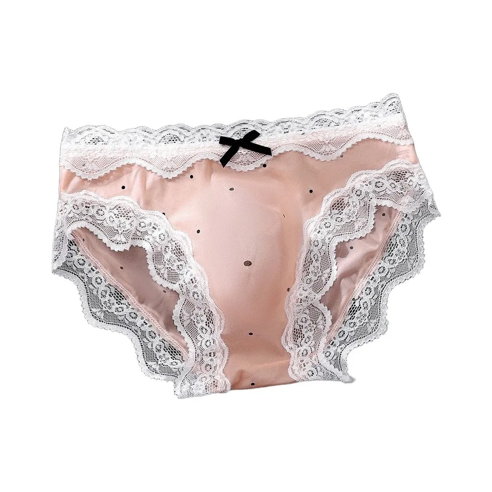 Men's Sweet Lace Trim Bow Ice Silk Seamless Briefs Underwear 3D Bulge Pouch Printed Panties Fashion Man Underpants