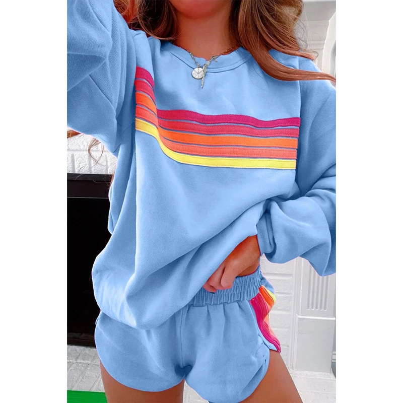 Womens Rainbow Striped 2Pieces Loungewear Set Casual Loose Fit Striped Color-Blocked Sweatshirt and Side Split Shorts Tracksuit