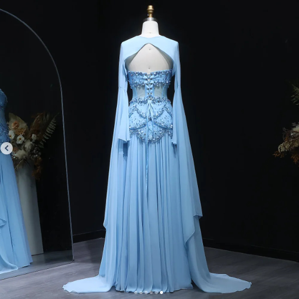 Customized Chiffon Sheath Gorgeous Evening Dress Beaded Sequins Layered Pleated and Floor Fairy Sleeve Formal Occasion Dress image 6