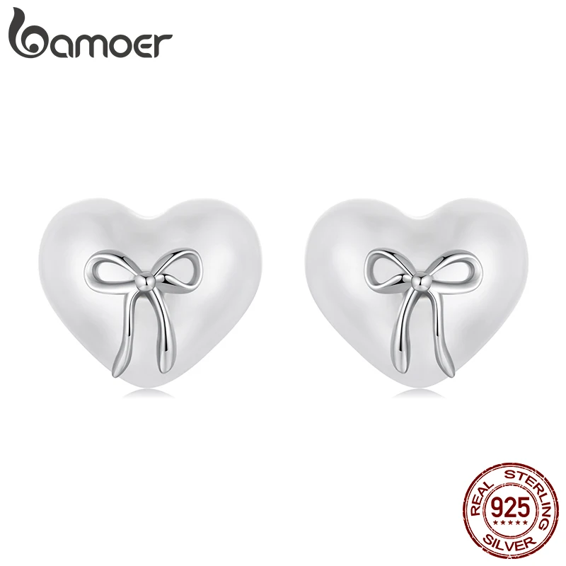 BAMOER 925 Sterling Silver Bow Heart Shaped Shell Pearl Stud Earrings, Minimalist Cute Studs for Women Fashion Jewelry SCE1810